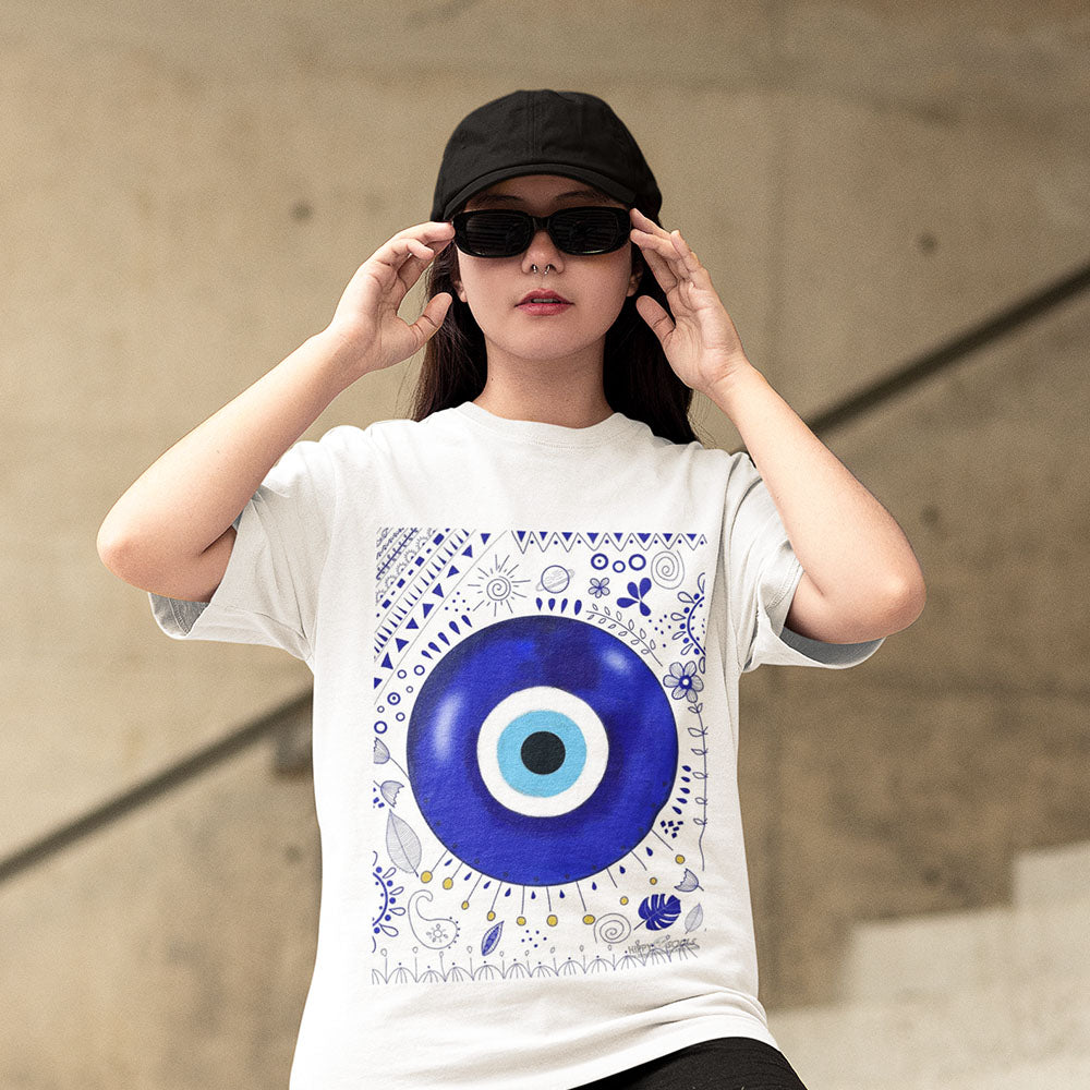 Evil Eye Oversized White Printed T-shirt Unisex