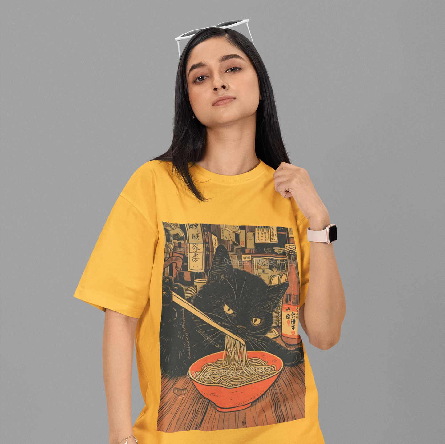 Cat Eating Noodle Oversized mustard yellow Printed T-shirt Unisex