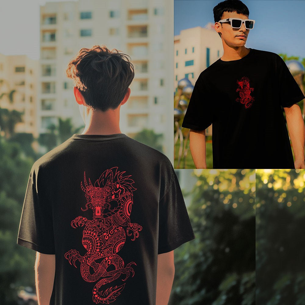 Red Dragon Oversized Black Front and Back Printed Tshirt Unisex