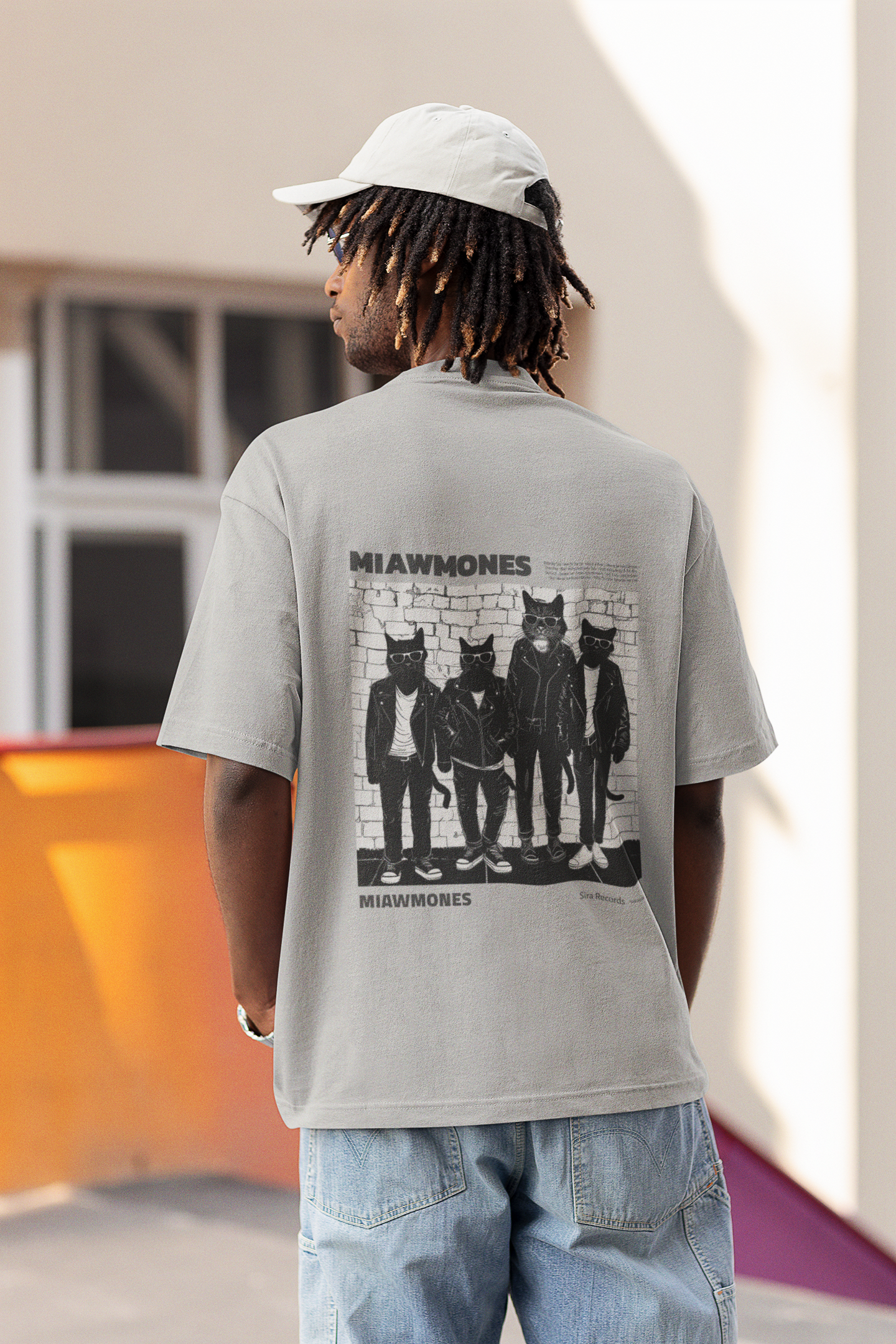 Miawmones Oversized Gray melange Printed T-shirt Unisex