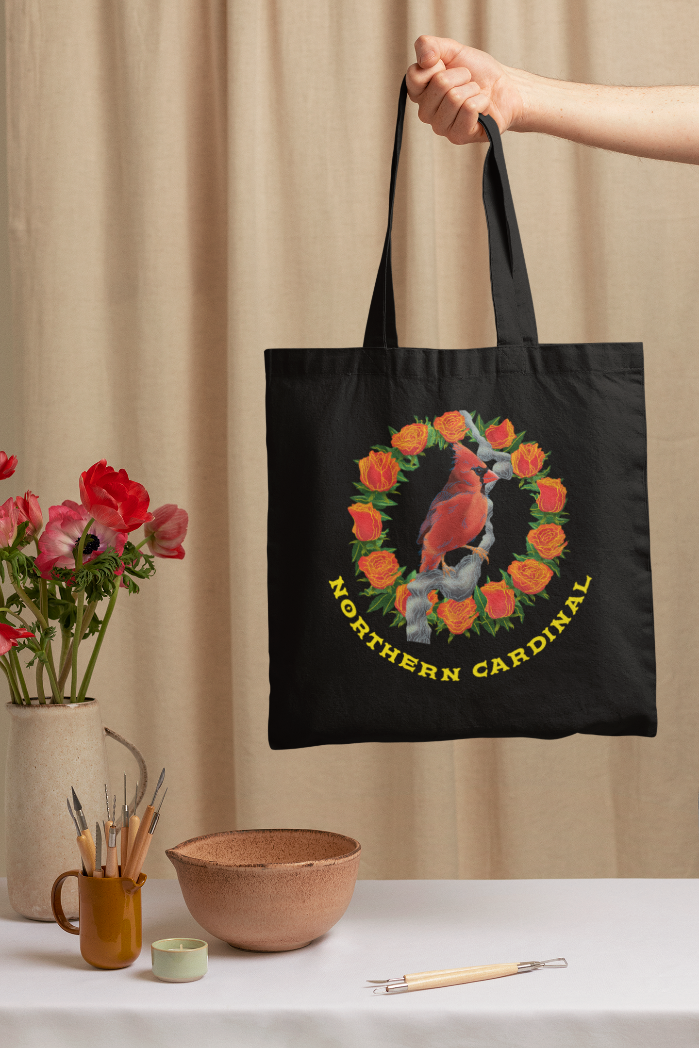 Northern cardinal Printed black Tote Bag