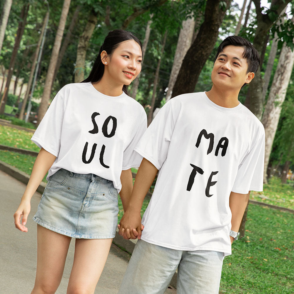 Soul Mate Oversized White Couple Printed T-shirt Unisex