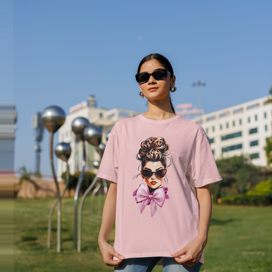 Modern Girl with pink Bow Oversized Light pink Printed T-shirt Unisex