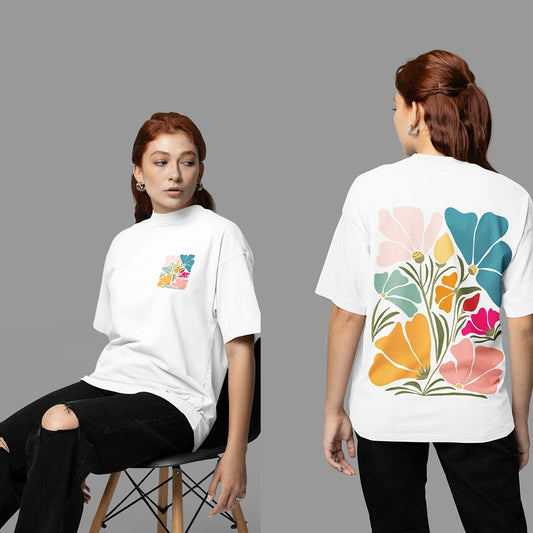 Floral Design Aesthetic Oversized white Front and Back Printed Tshirt Unisex