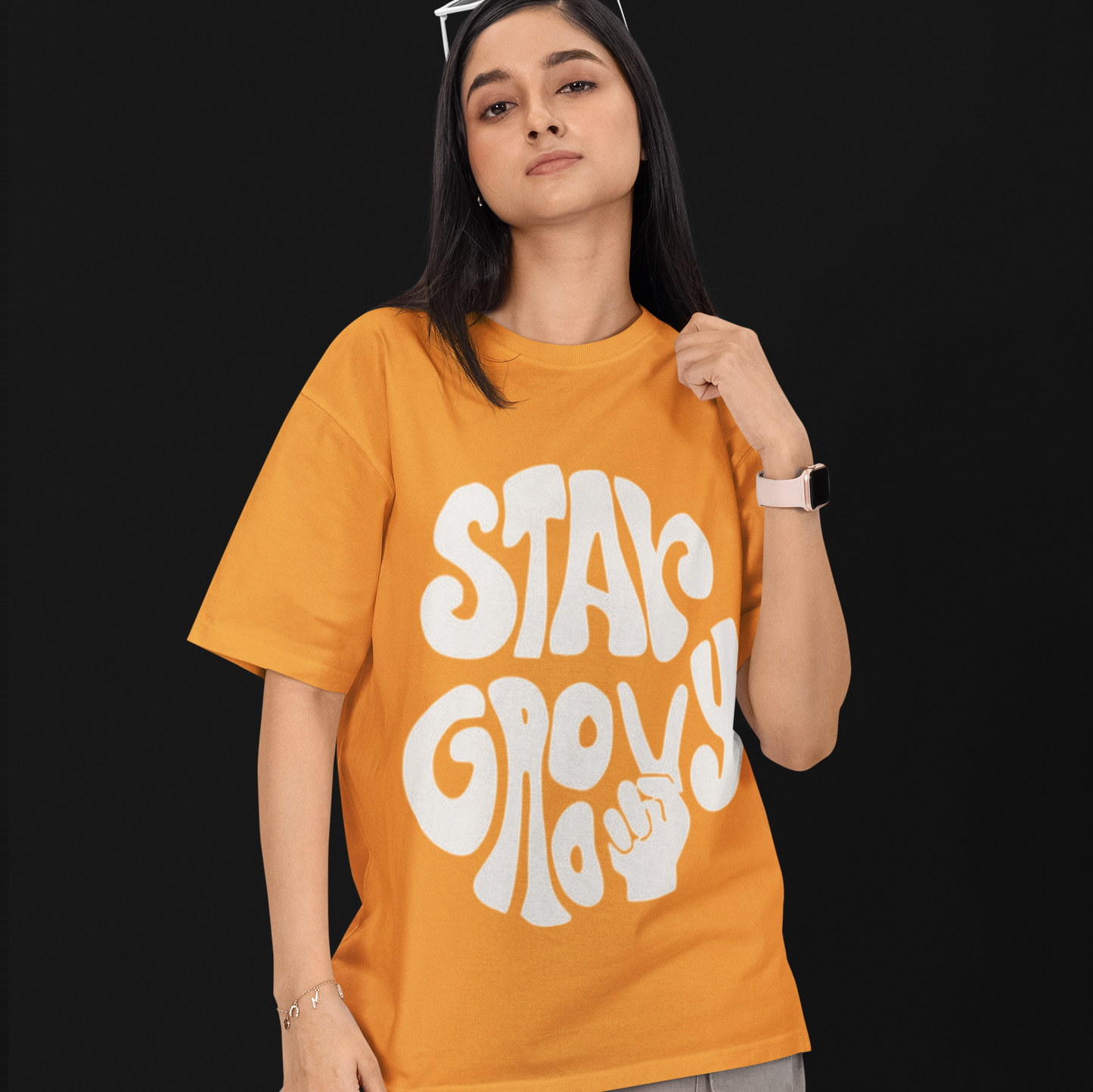 Stay Groovy Oversized Golden yellow Printed T-shirt Unisex