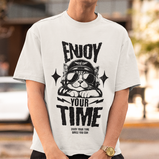 Enjoy Your Time Oversized White Printed T-shirt Unisex