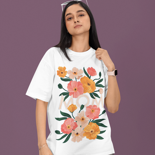 Floral MoM Oversized White Printed T-shirt Unisex
