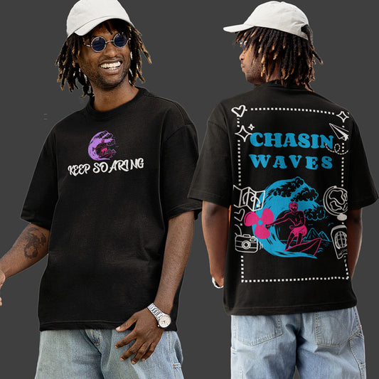 Chasin Waves Oversized Black Front and Back Printed Tshirt Unisex