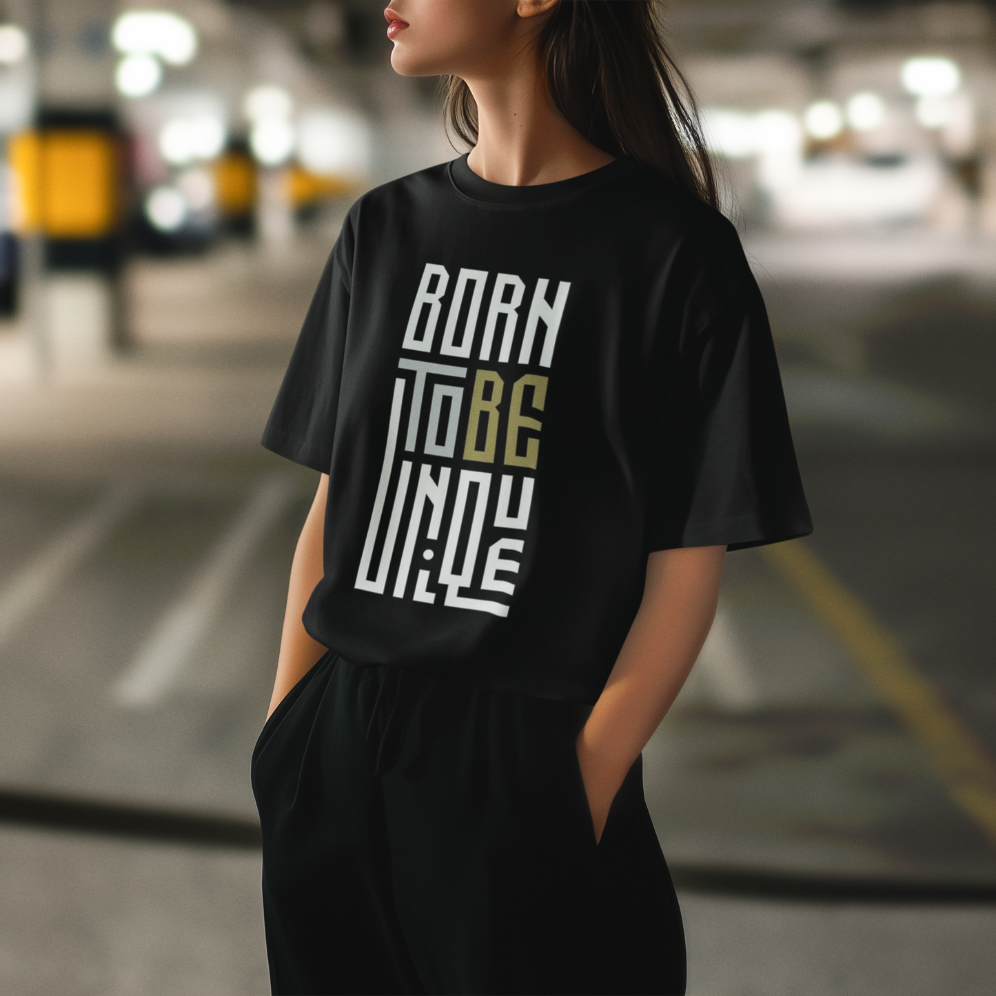 Born To Be Unique Oversized Black Printed T-shirt Unisex