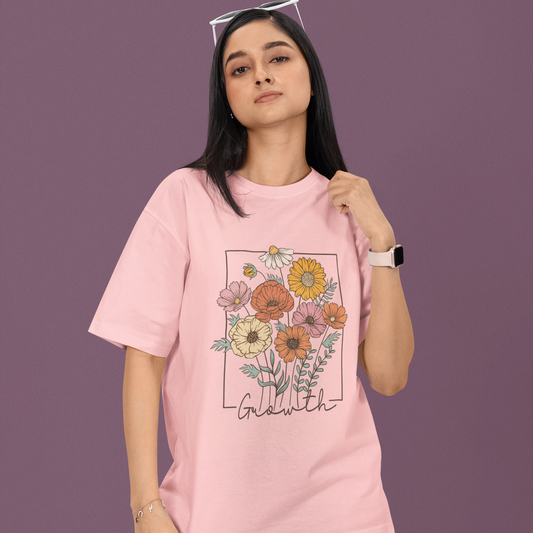Floral Growth Oversized Light Pink Printed T-shirt Unisex