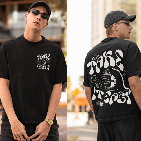Take It Easy Oversized Black Front and Back Printed Tshirt Unisex
