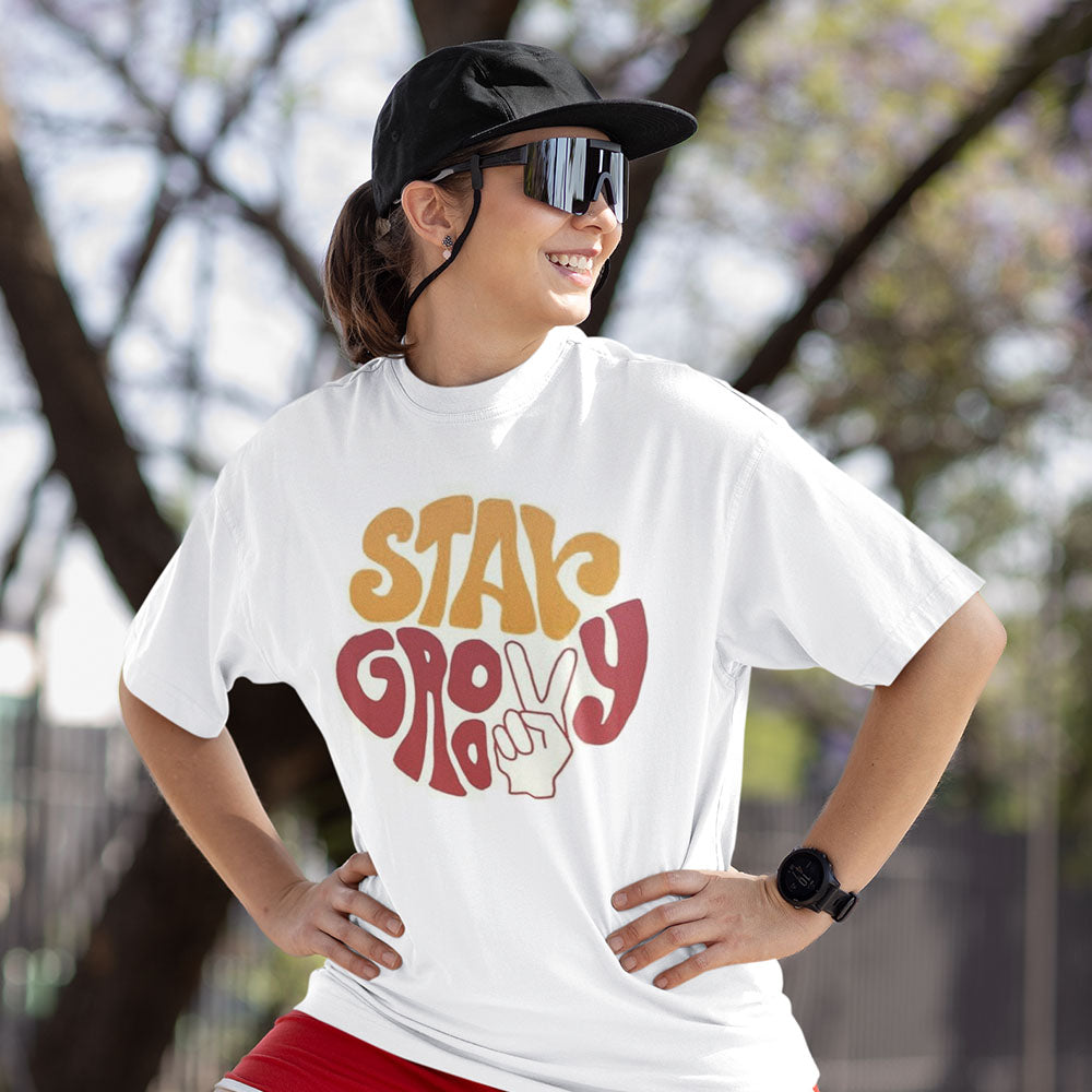 Stay Groovy Oversized White Printed T-shirt Unisex