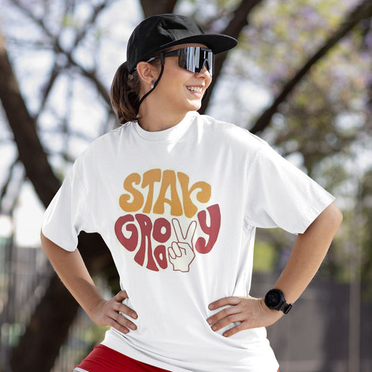 Stay Groovy Oversized White Printed T-shirt Unisex