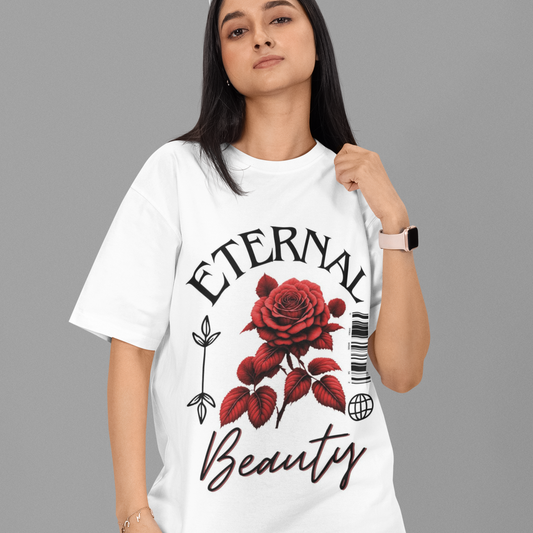 Red Rose Beauty Oversized white Printed T-shirt Unisex