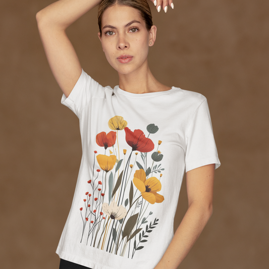 Abstract Flower Bouquet Red & Yellow printed White Unisex T-Shirt
