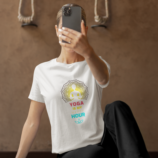 Yoga Is My Happy Hour printed White Unisex T-Shirt