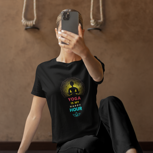 Yoga Is My Happy Hour printed Black Unisex T-Shirt