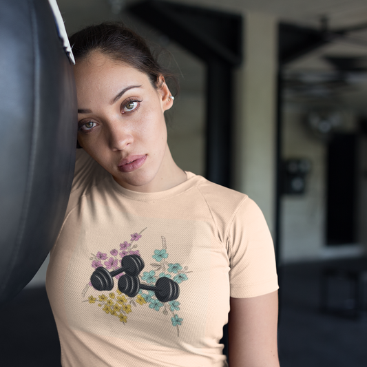 Floral Dumbbell printed peach color Unisex T-Shirt