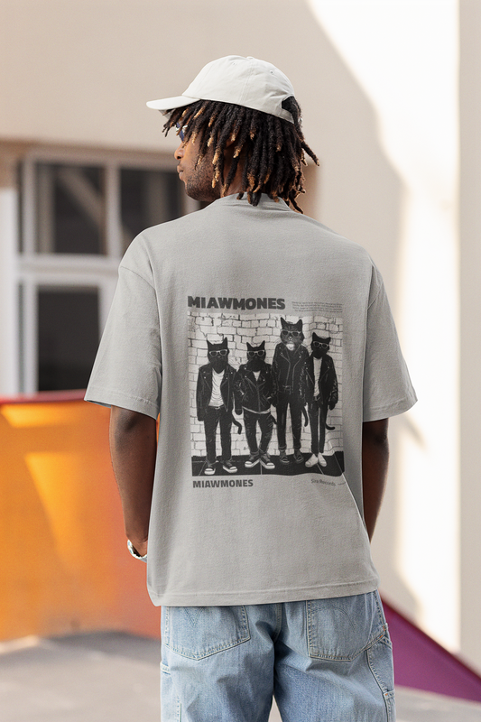 Miawmones Oversized Gray melange Printed T-shirt Unisex