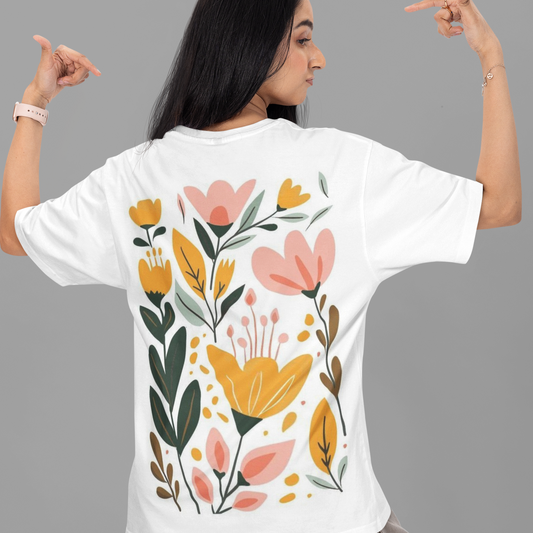 Floral Art Print Oversized White Printed T-shirt Unisex