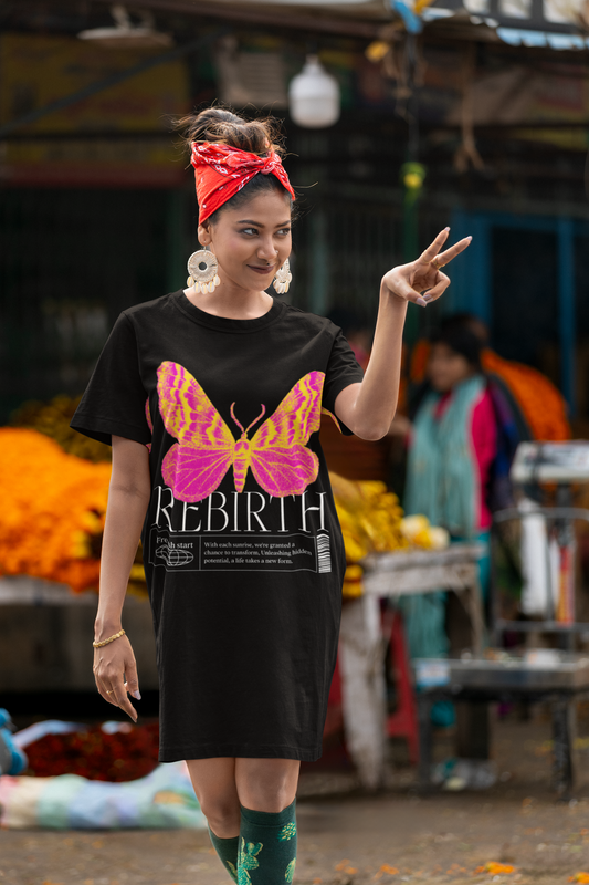 Re Birth Printed Black T-shirt Dress
