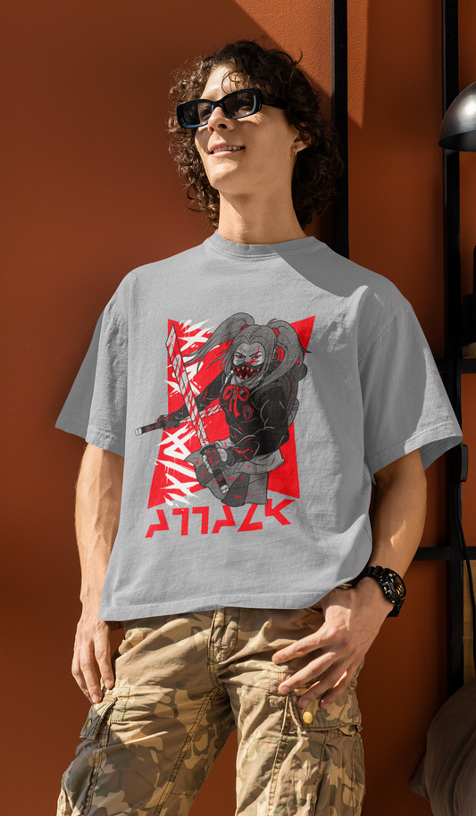 ninja design Oversized  Printed grey melange T-shirt Unisex