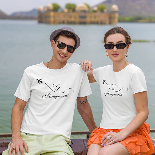 Honeymoonin' Printed White Couple Unisex T-Shirt