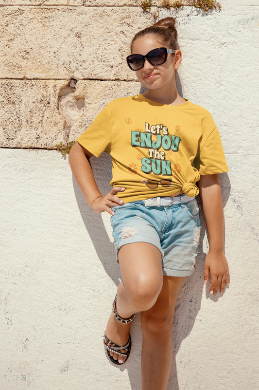 Let's Enjoy The Sun Printed Mustard yellow Kids T-shirts