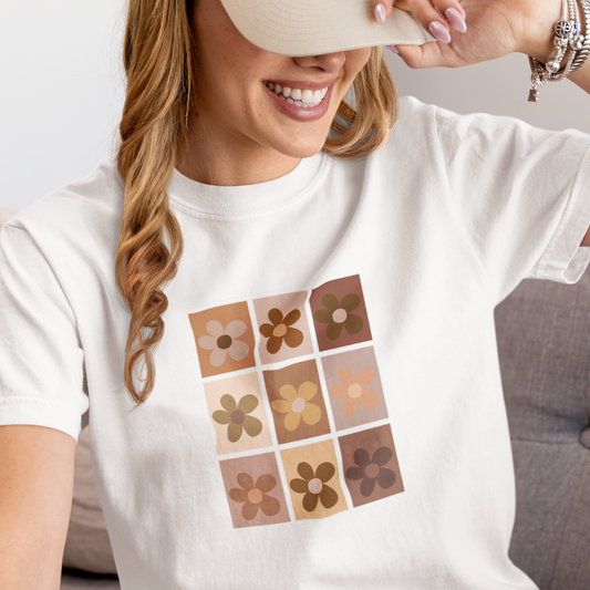 Neutral Floral Checkerboard Art printed white Unisex T-Shirt