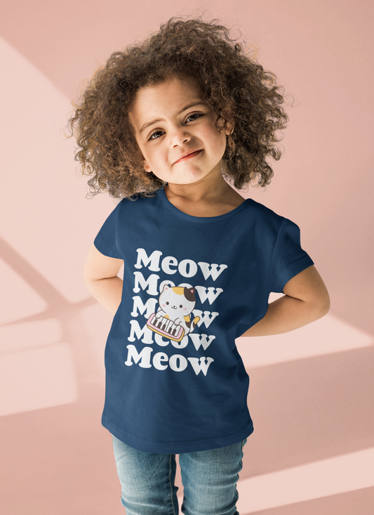 Meow Printed Navy blue Kids T-shirts