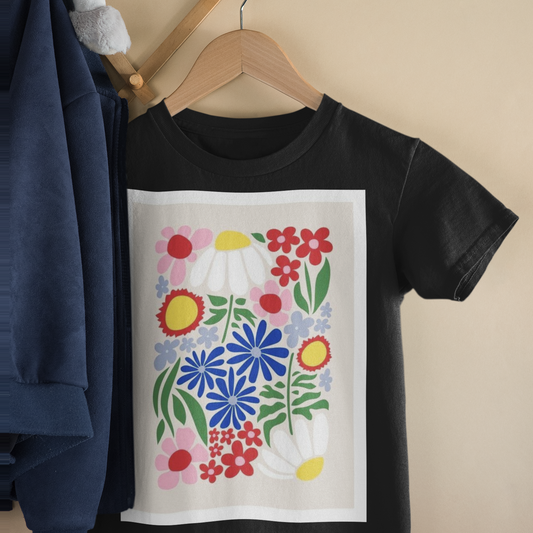 Colorful Flower Kids black printed T-shirts