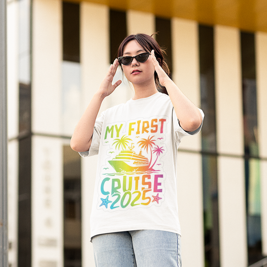 My First Cruise 2025 Oversized White Printed T-shirt Unisex