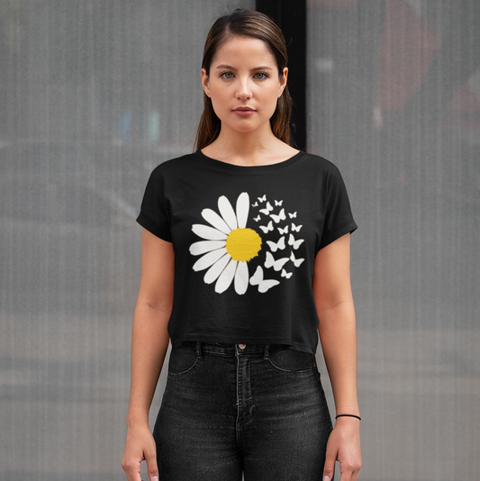 Daisy Floral with butterfly Black Crop Top