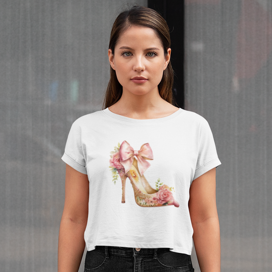 Floral High Heels Cute pink Bow white Crop Top