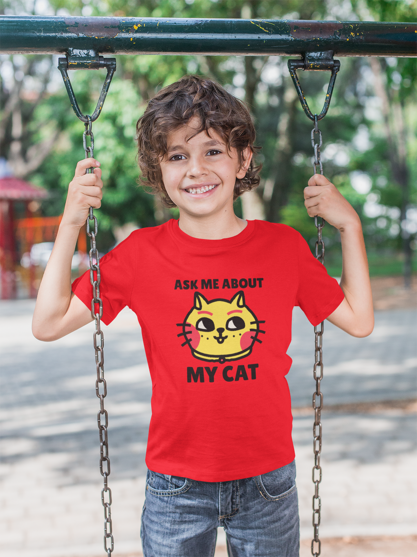 Ask me about my cat Printed red Kids T-shirts