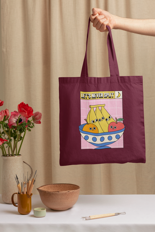 Let's never spilt Printed maroon Tote Bag