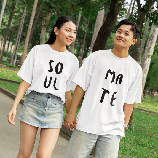 Soul Mate Oversized White Couple Printed T-shirt Unisex