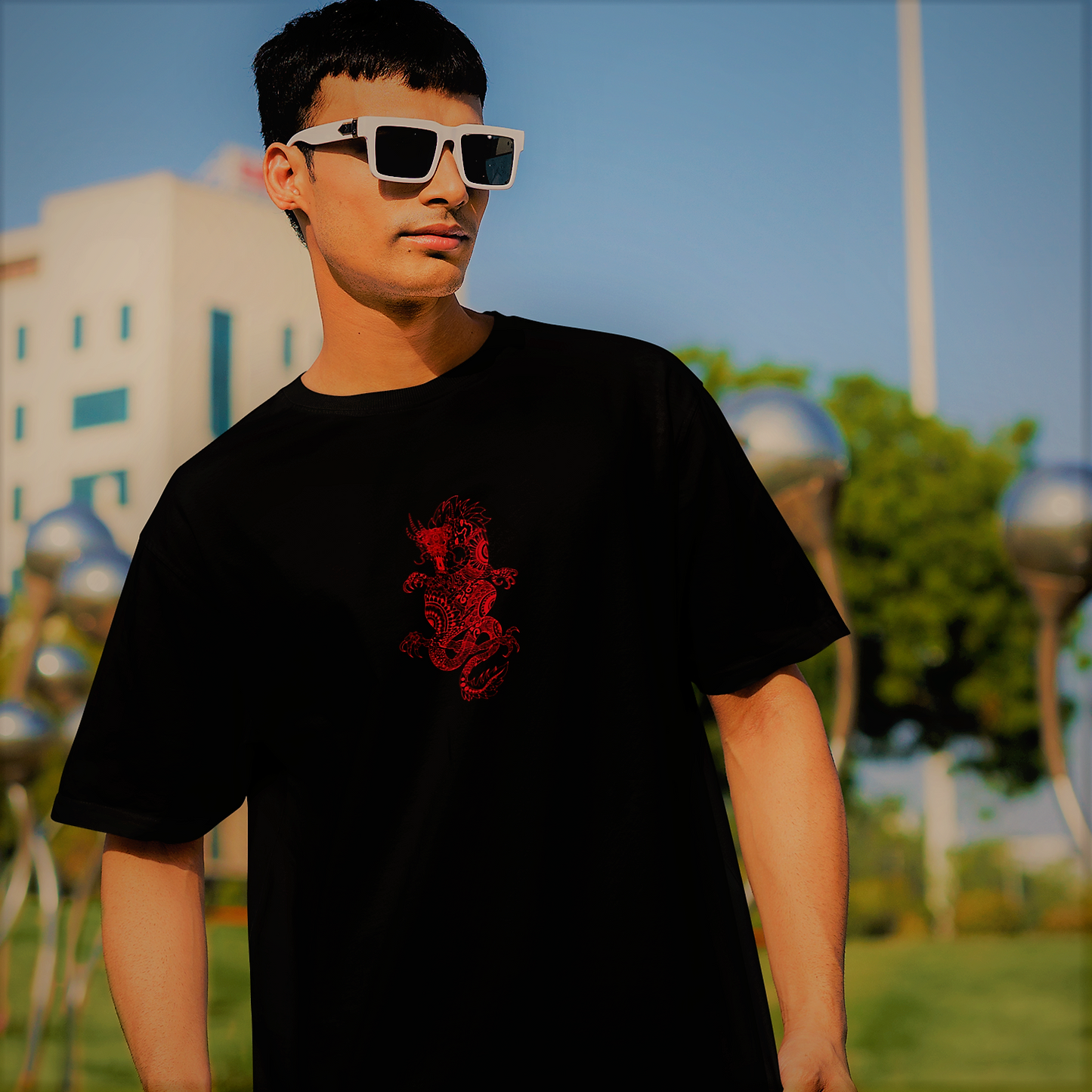 Red Dragon Oversized Black Front and Back Printed Tshirt Unisex