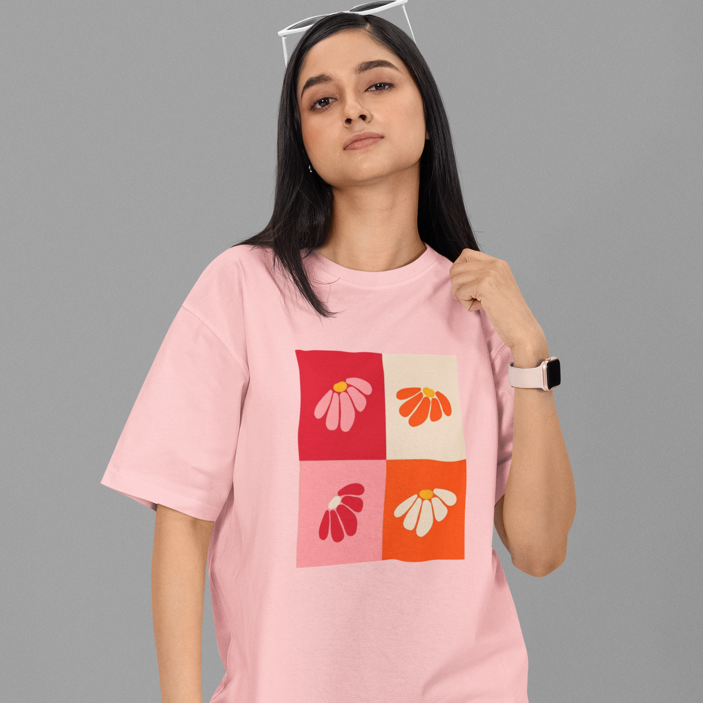 Four color Floral Oversized Light Pink Printed T-shirt Unisex