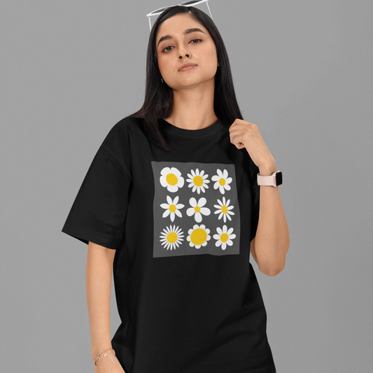 Difference shape Daisy Floral Oversized Black Printed T-shirt Unisex