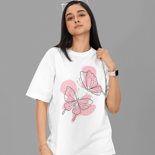Pinky Butterfly Oversized white Printed T-shirt Unisex