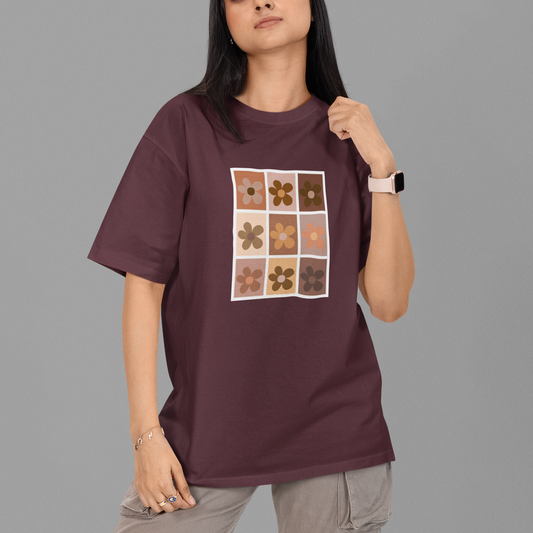 Neutral Flower Checkerboard Art Oversized Maroon Printed T-shirt Unisex