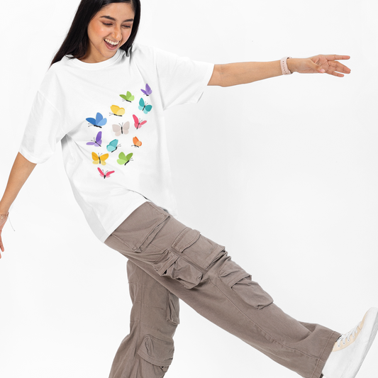 Colorful Butterfly Oversized White Printed T-shirt Unisex