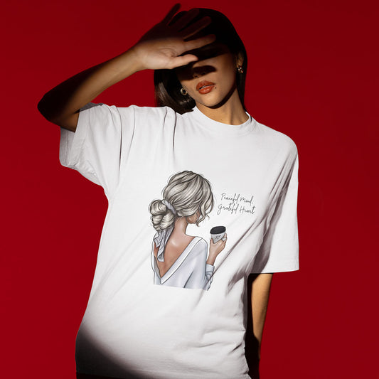 Peaceful Mind Greatful Heart Oversized White Printed T-shirt Unisex
