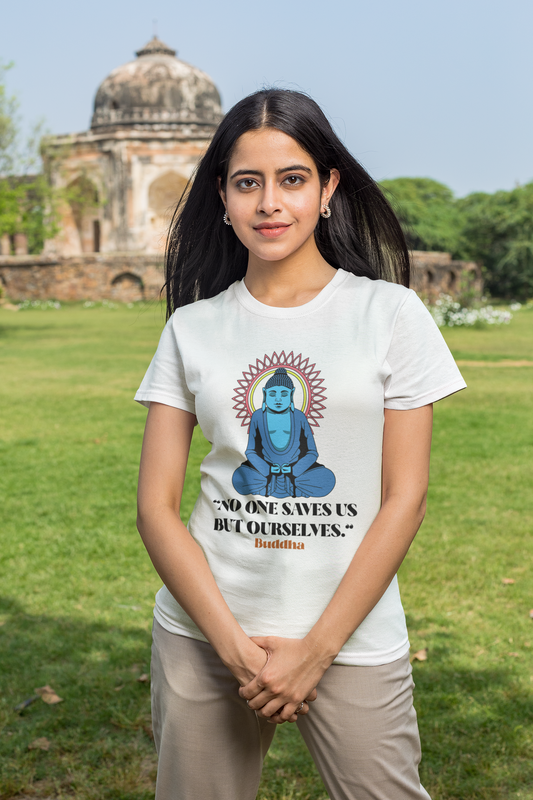 "No one saves us but ouerselves" printed White Unisex T-Shirt