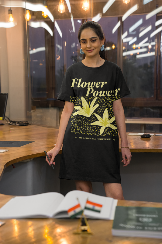 Flower Power Printed Black T-shirt Dress