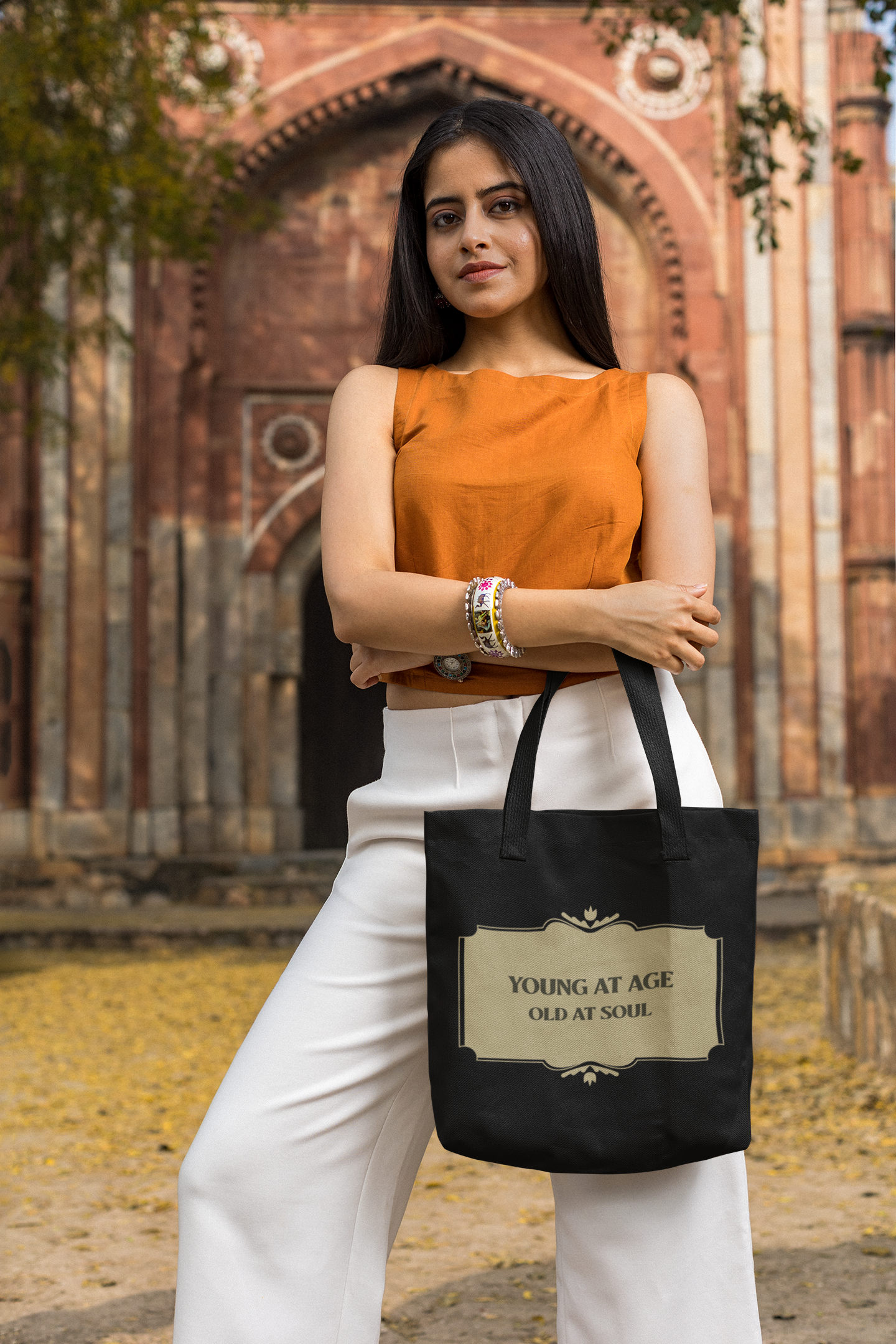 Young at Age Old at Soul Printed Black Tote Bag