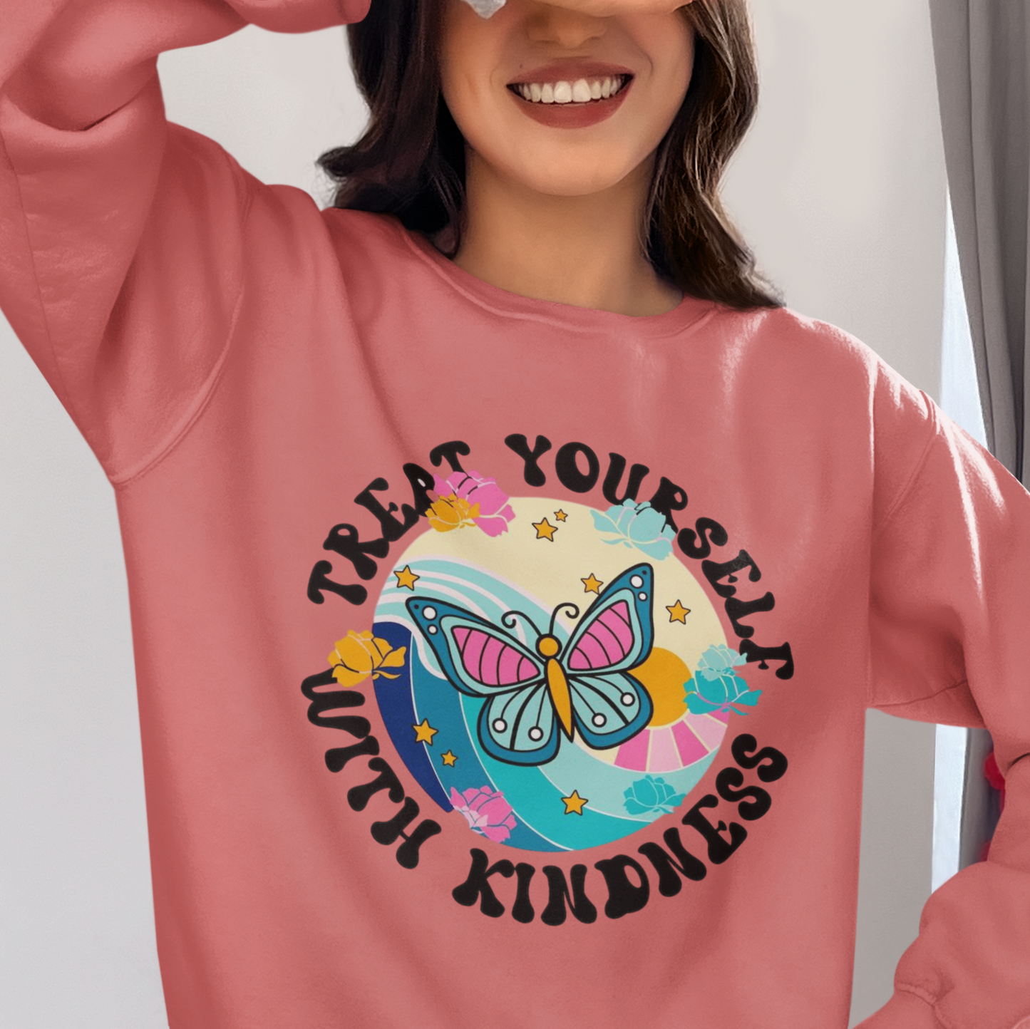 Treat Yourself with Kindness printed coral unisex Oversized Sweatshirt