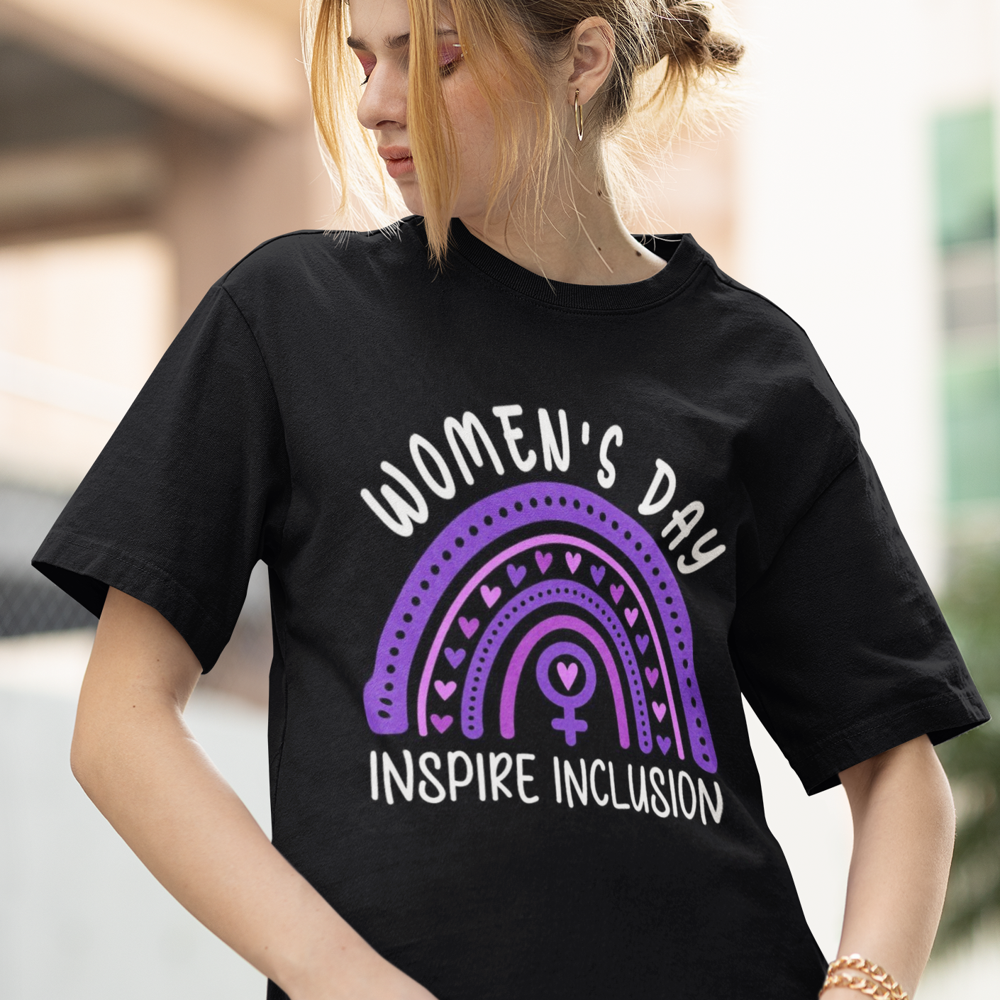 Women's Day Inspire Inclusion Oversized Black Printed T-shirt Unisex