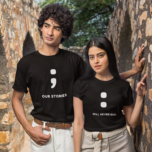 Our Stories Will Never End Printed Black Couple Unisex T-Shirt